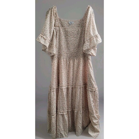 Polagram Dresses & Skirts - Polagram Square Neck Pink Floral Maxi Tiered Dress - Cream Size 2XL Summer